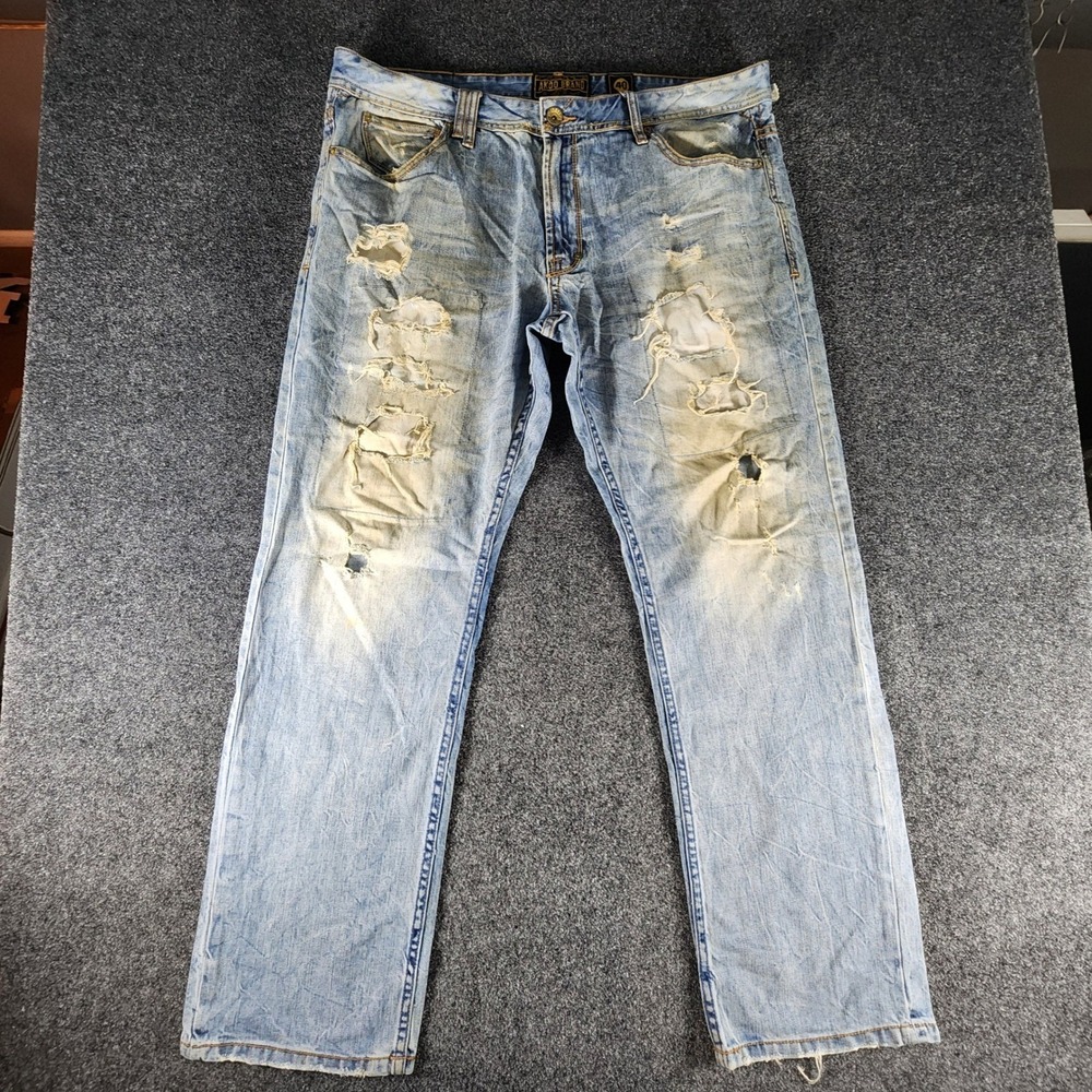 AKOO Brand Mens Distressed Denim Jeans Light Wash Ripped Straight Leg Size 40x32